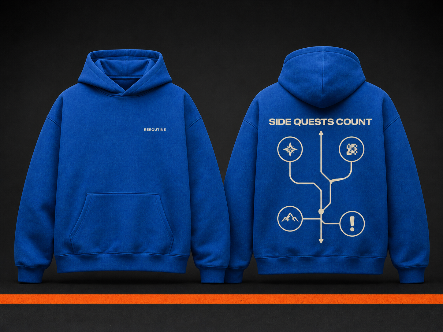 Cobalt heavyweight hoodie with Side Quests graphic